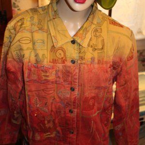 Chico's Denim Jacket Embroidered Aztec Print Ombre Orange Yellow  SZ 3